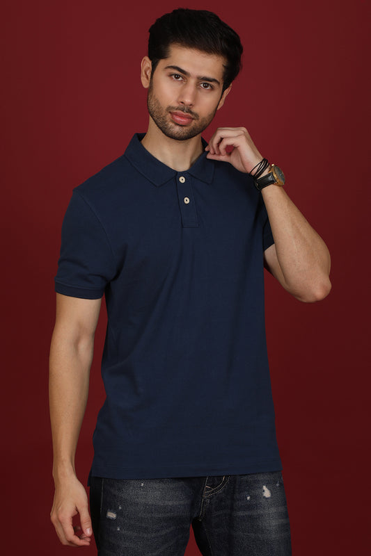 Men's Navy Enzyme Wash Pique Polo T-shirt