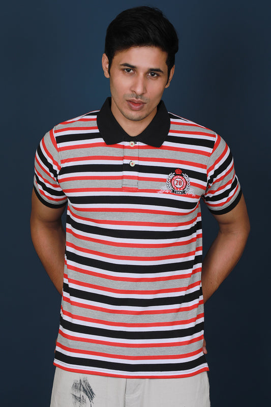 Men's Red/White/Black Striped Pique Polo T-shirt