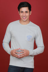 Men's Grey Single Jersey Printed Full Sleeve T-shirt With Pocket