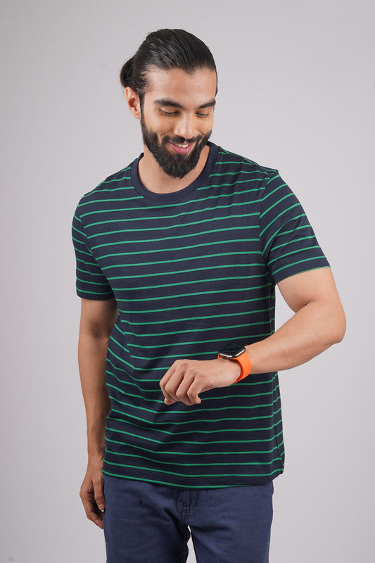 Men's Navy/Green striped round neck t-shirt