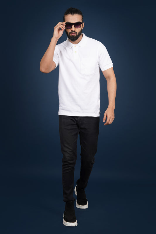 Men's white core pique polo t-shirt with pocket