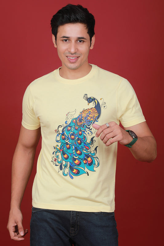 Men's Light Yellow Printed Single Jersey Round Neck T-shirt