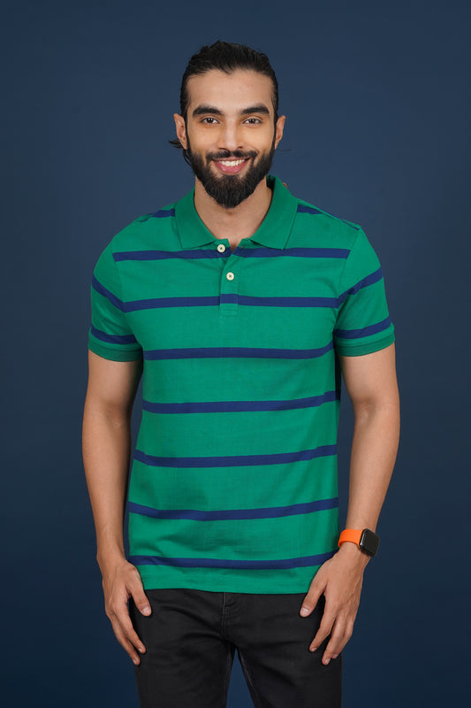 Men's Green/Blue Striped single jersey polo t-shirt