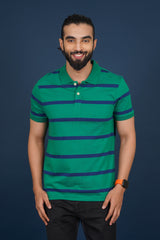 Men's Green/Blue Striped single jersey polo t-shirt