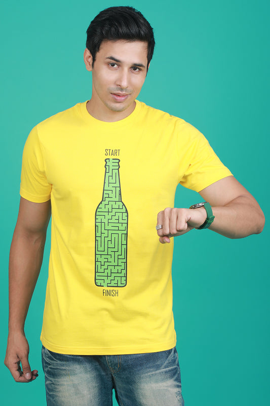 Men's Yellow Printed Single Jersey Round Neck T-shirt