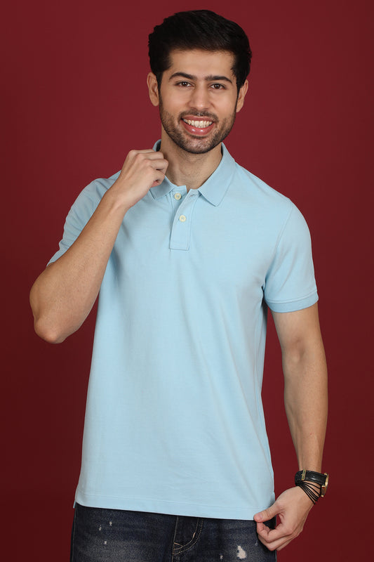 Men's Light Blue Enzyme Wash Pique Polo T-shirt