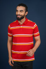 Men's Red/White/Yellow Striped single jersey polo t-shirt