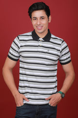 Men's Grey/White/Black Striped Pique Polo T-shirt