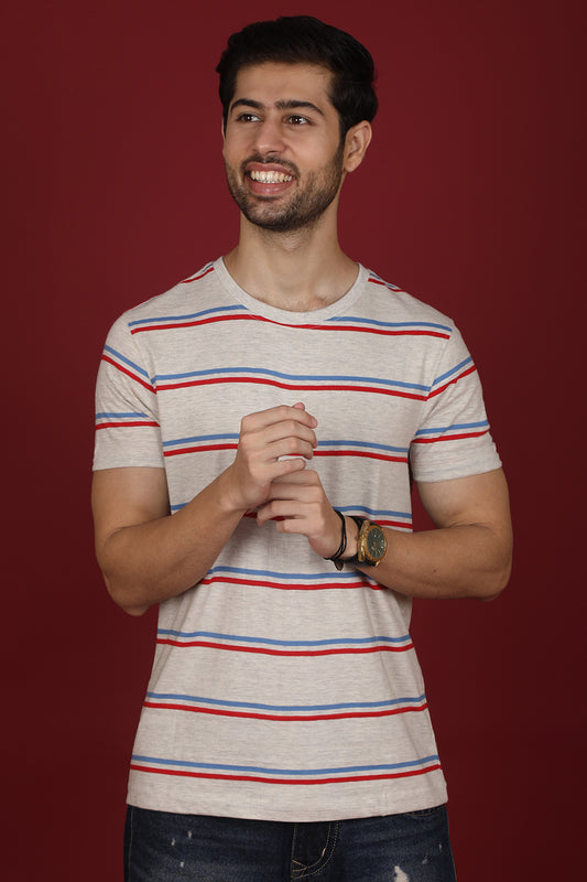 Men's Lt.Grey/Blue/Red Striped Round Neck T-shirt