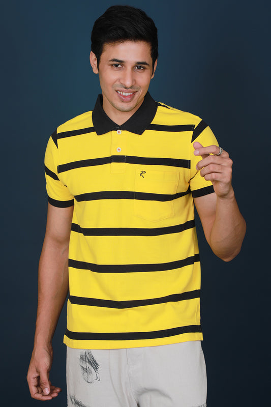 Men's Cyber Yellow/Black Striped Pique Polo T-shirt