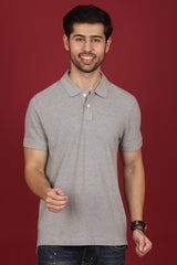 Men's Grey Melange Enzyme Wash Pique Polo T-shirt