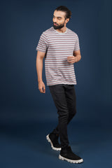 Men's Grey/Orange/Blue striped round neck t-shirt