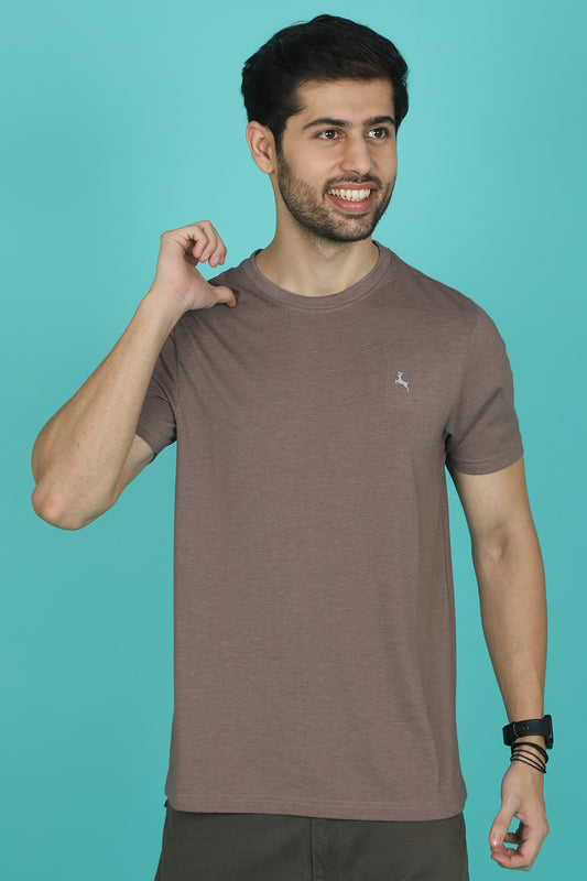 Men's Iron Brown Melange Round Neck T-Shirt with Logo