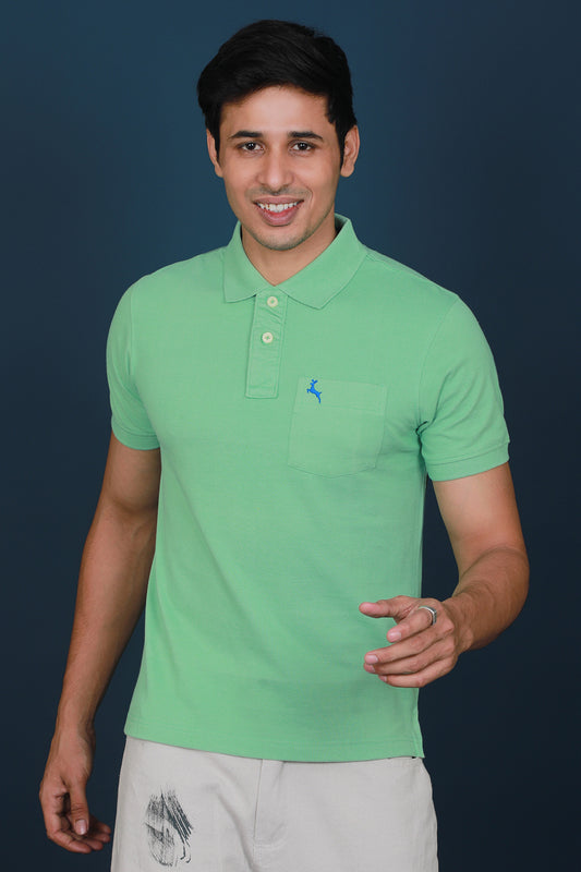 Men's Light Green Core Pique Polo Embroidery T-shirt with Pocket