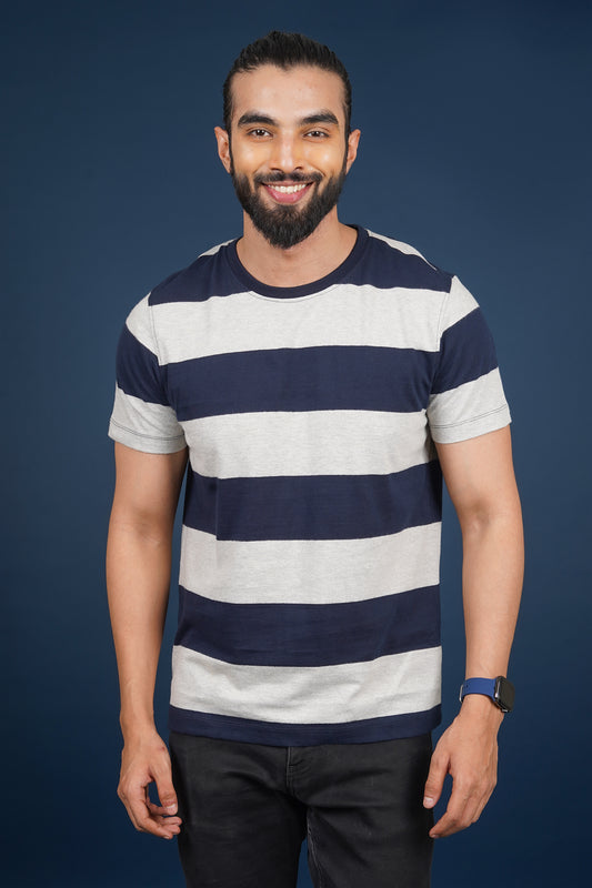 Men's Light Grey/Navy striped round neck t-shirt