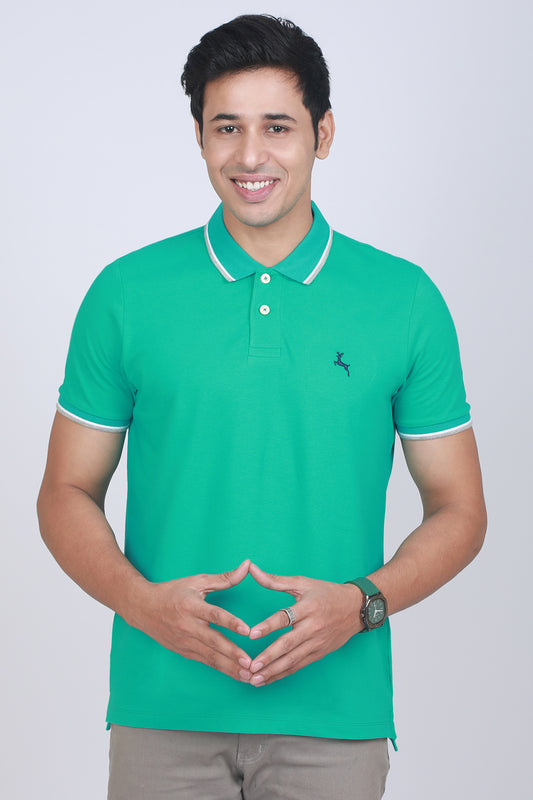 Men's Pool Green Lycra Pique Polo Tipping Collar T-shirt