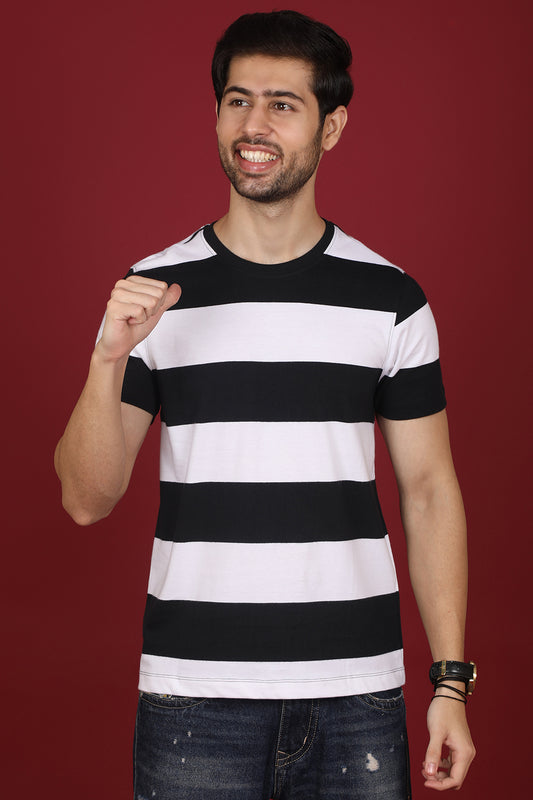 Men's Black/White Striped Round Neck T-shirt