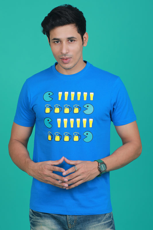 Men's Blue Printed Single Jersey Round Neck T-shirt