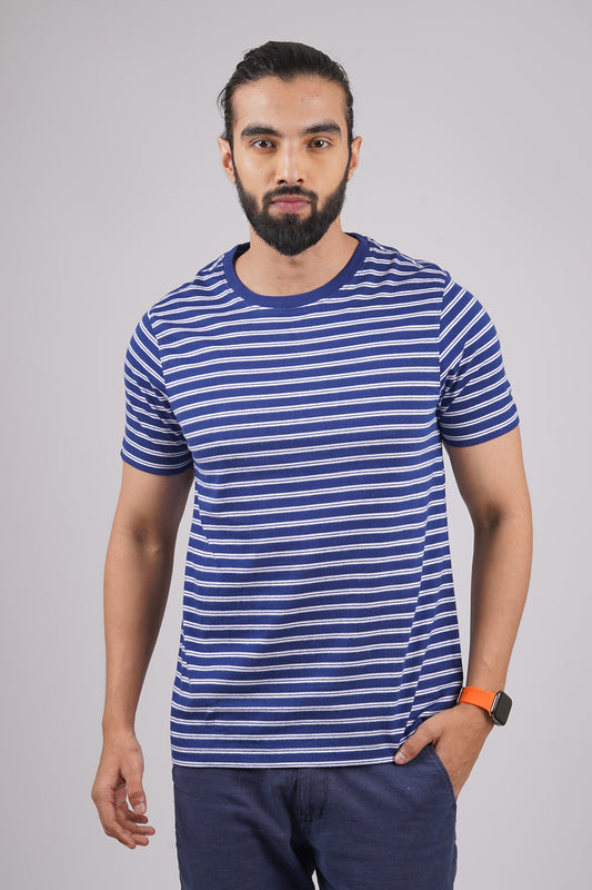 Men's blue/white striped round neck t-shirt