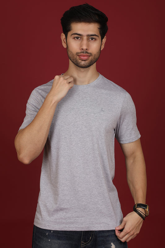 Men's Grey Melange Pima Cotton Single Jersey Round Neck T-shirt with Logo