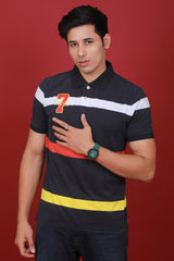 Men's Black/White/Red/Yellow Striped Single Jersey Polo T-shirt