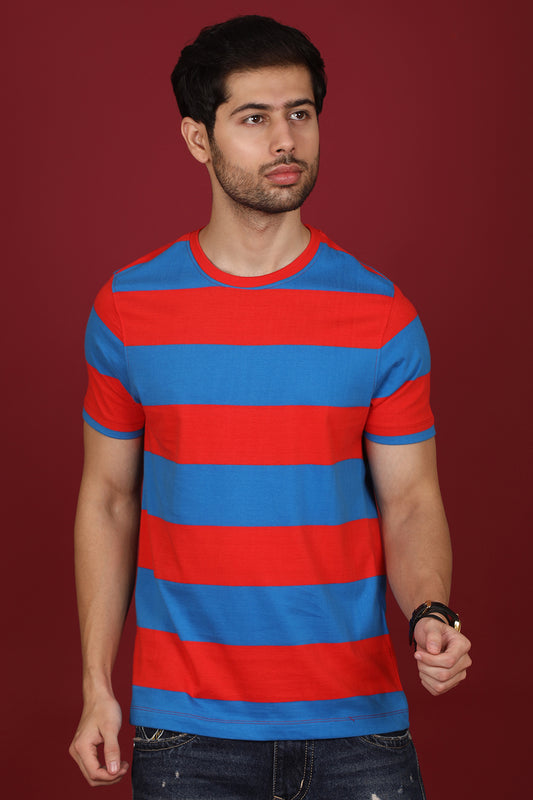 Men's Red/Royal Blue Striped Round Neck T-shirt