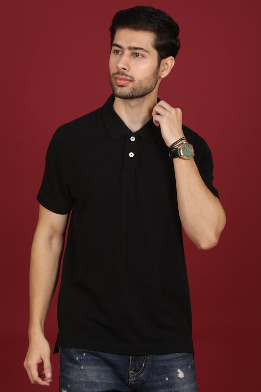 Men's Black Enzyme Wash Pique Polo T-shirt