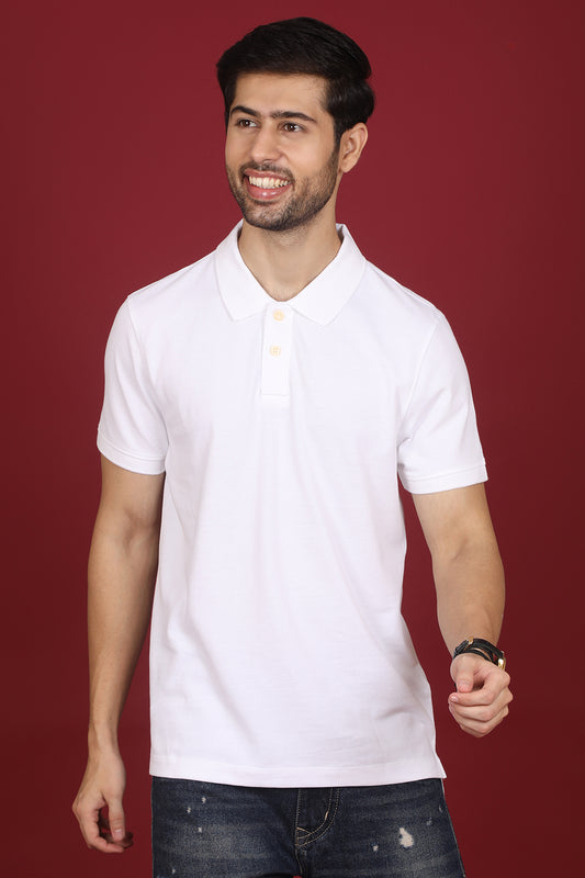 Men's White Enzyme Wash Pique Polo T-shirt