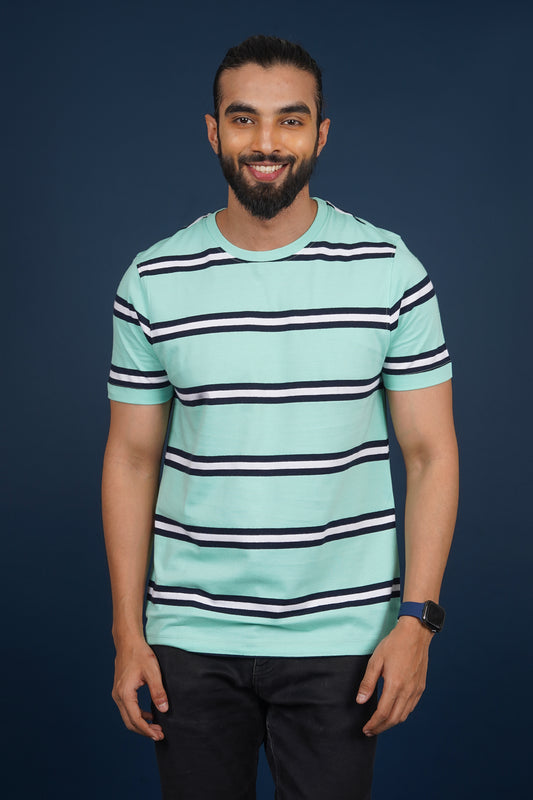 Men's Mint/Navy/White striped round neck t-shirt