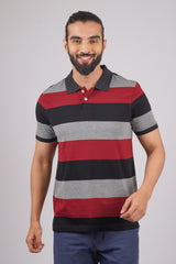 Mens Grey/Navy/Maroon Striped single jersey polo t-shirt