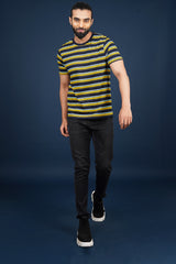 Men's Yellow/Navy/Green striped round neck t-shirt