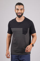 Men's Black/Grey striped round neck t-shirt