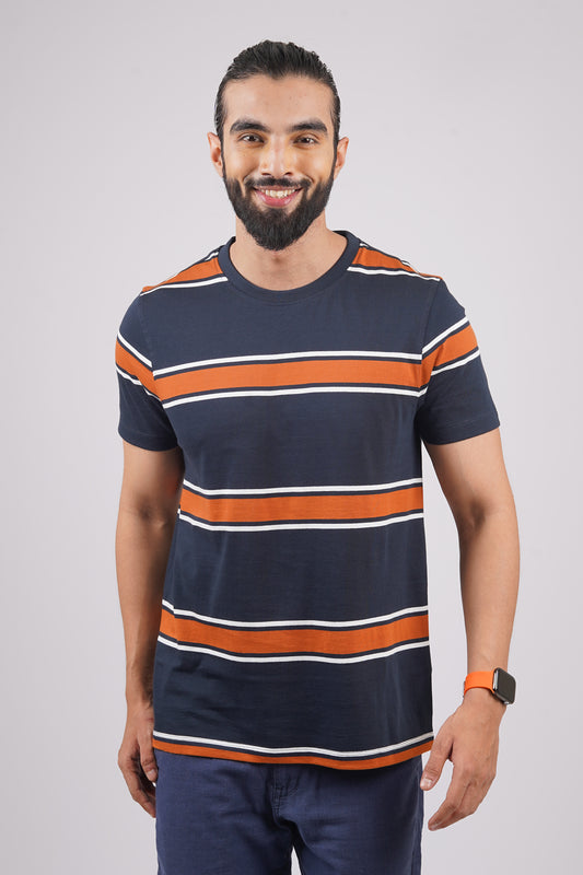 Men's Navy/White/Brown striped round neck t-shirt