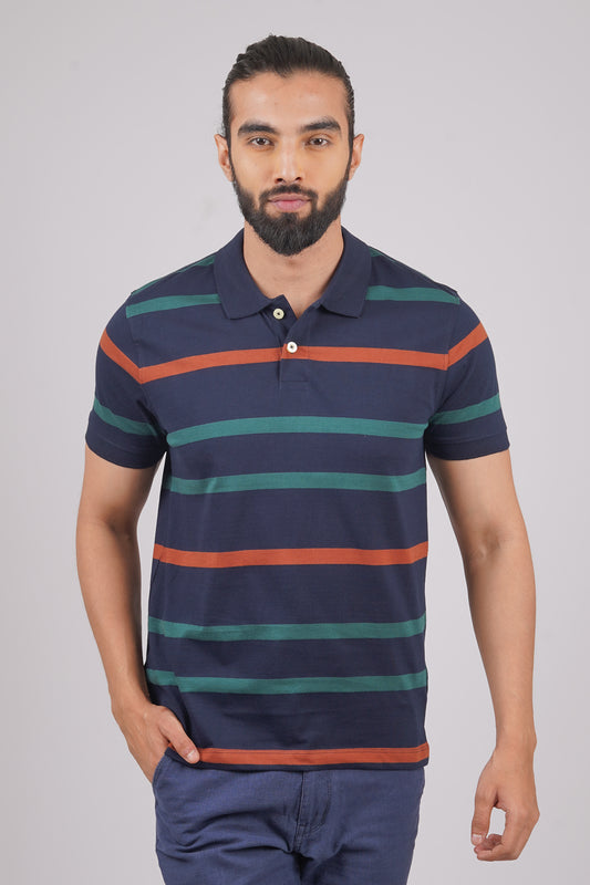 Men's Navy/Orange/Green Striped single jersey polo t-shirt