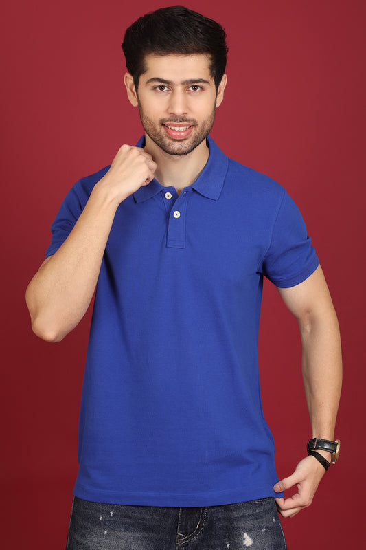 Men's Blue Enzyme Wash Pique Polo T-shirt