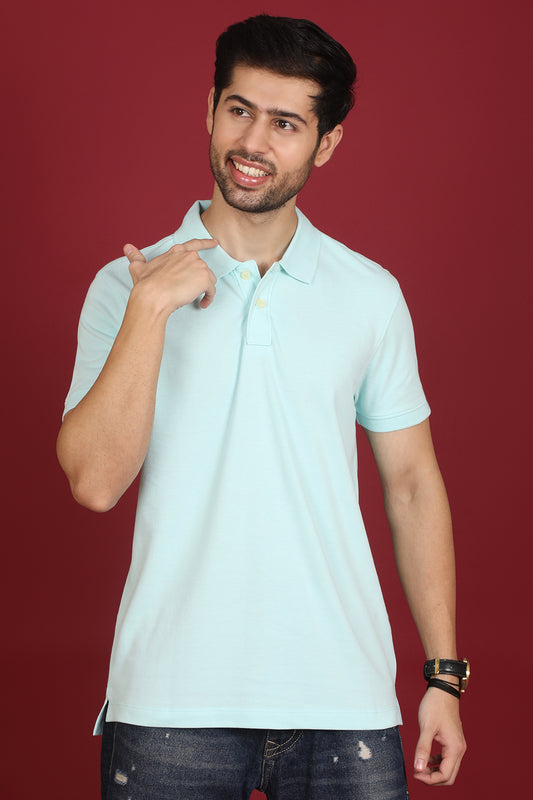 Men's Water Blue Enzyme Wash Pique Polo T-shirt