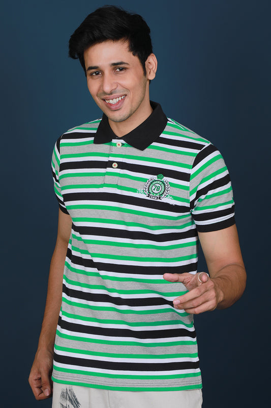 Men's Green/White/Black Striped Pique Polo T-shirt