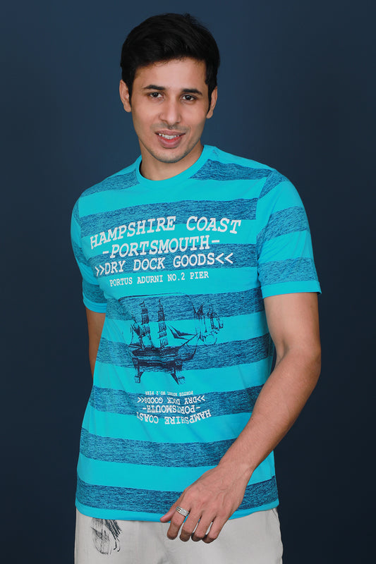 Men's Blue Single Jersey Printed Round Neck T-shirt