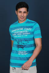 Men's Blue Single Jersey Printed Round Neck T-shirt