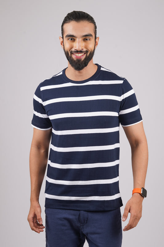 Men's Navy/White striped round neck t-shirt