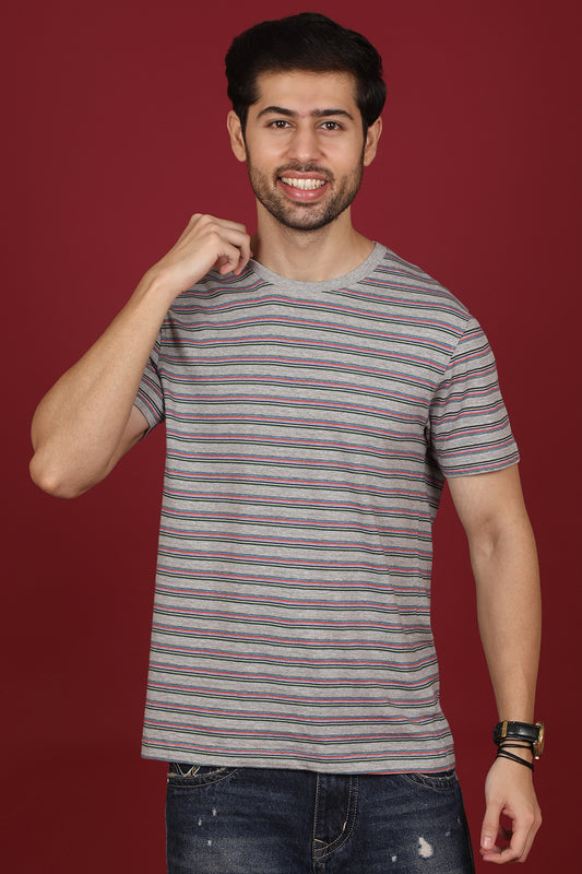 Men's Lt.Grey/Black/Orange Striped Round Neck T-shirt