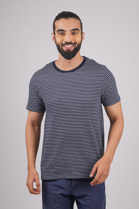 Men's Navy/White striped round neck t-shirt