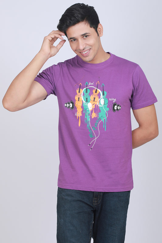 Men's Purple Printed Single Jersey Round Neck T-shirt