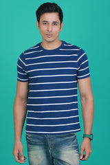 Men's Blue/White Striped Round Neck T-shirt