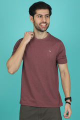 Men's Burgandy Melange Round Neck T-shirt with Logo