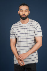 Men's Grey Melange/Navy striped round neck t-shirt