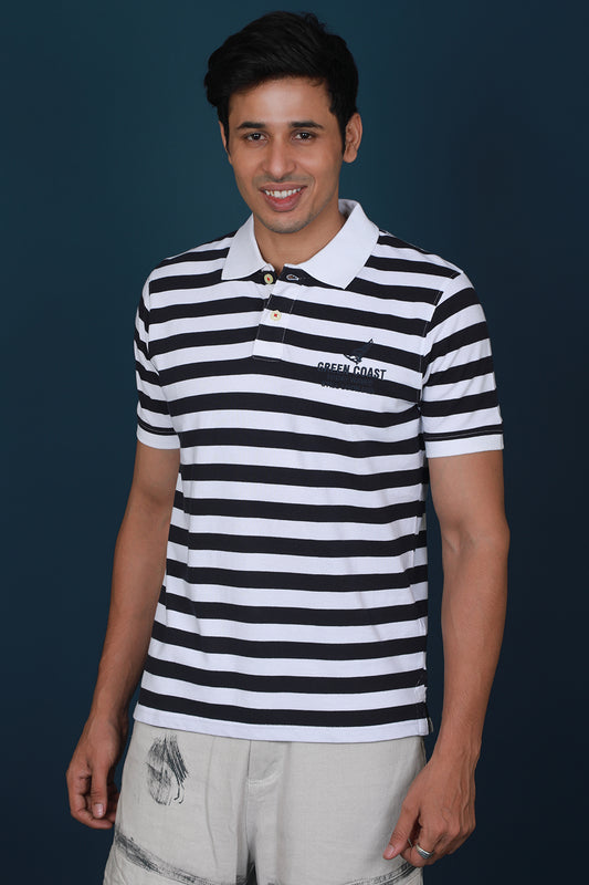 Men's Navy/White Striped Pique Polo T-shirt