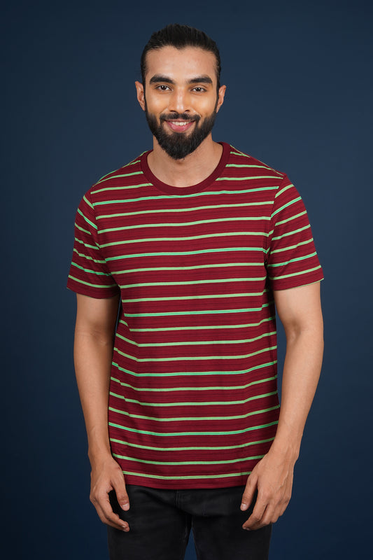 Men's Maroon/Parrot Green striped round neck t-shirt