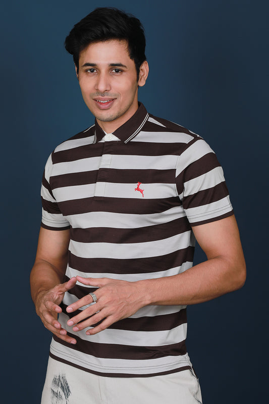 Men's Brown/Grey Striped Mercerized Single Jersey Polo T-shirt