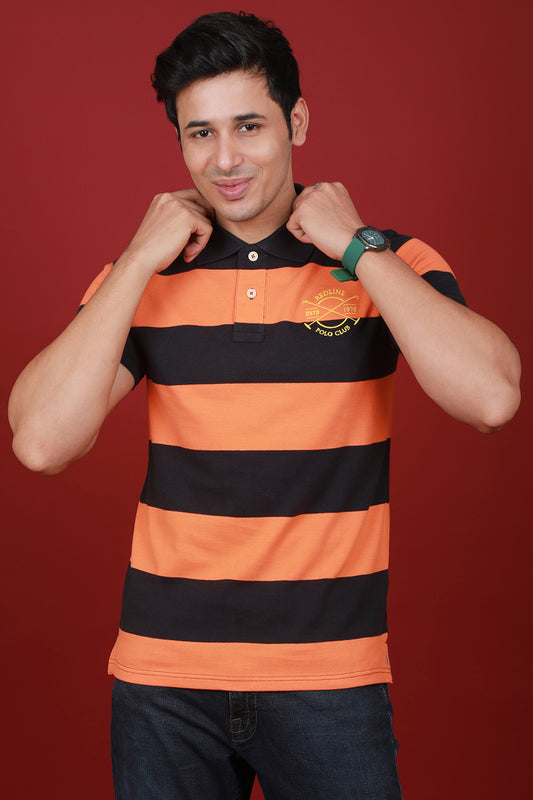 Men's Orange/Navy Striped Pique Polo T-shirt